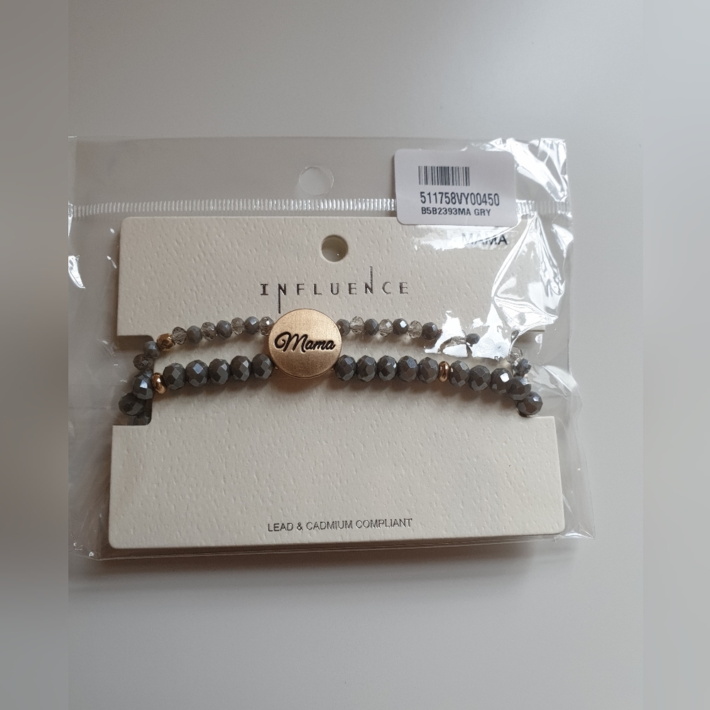 mama Metal Disc Message Charm Faceted Beaded Stretch Bracelet